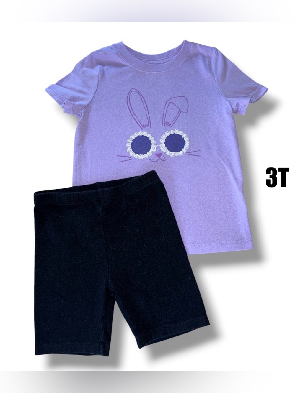 Cat & Jack Lavender Bunny Short Sleeve Tee with Black Biker Shorts 3T